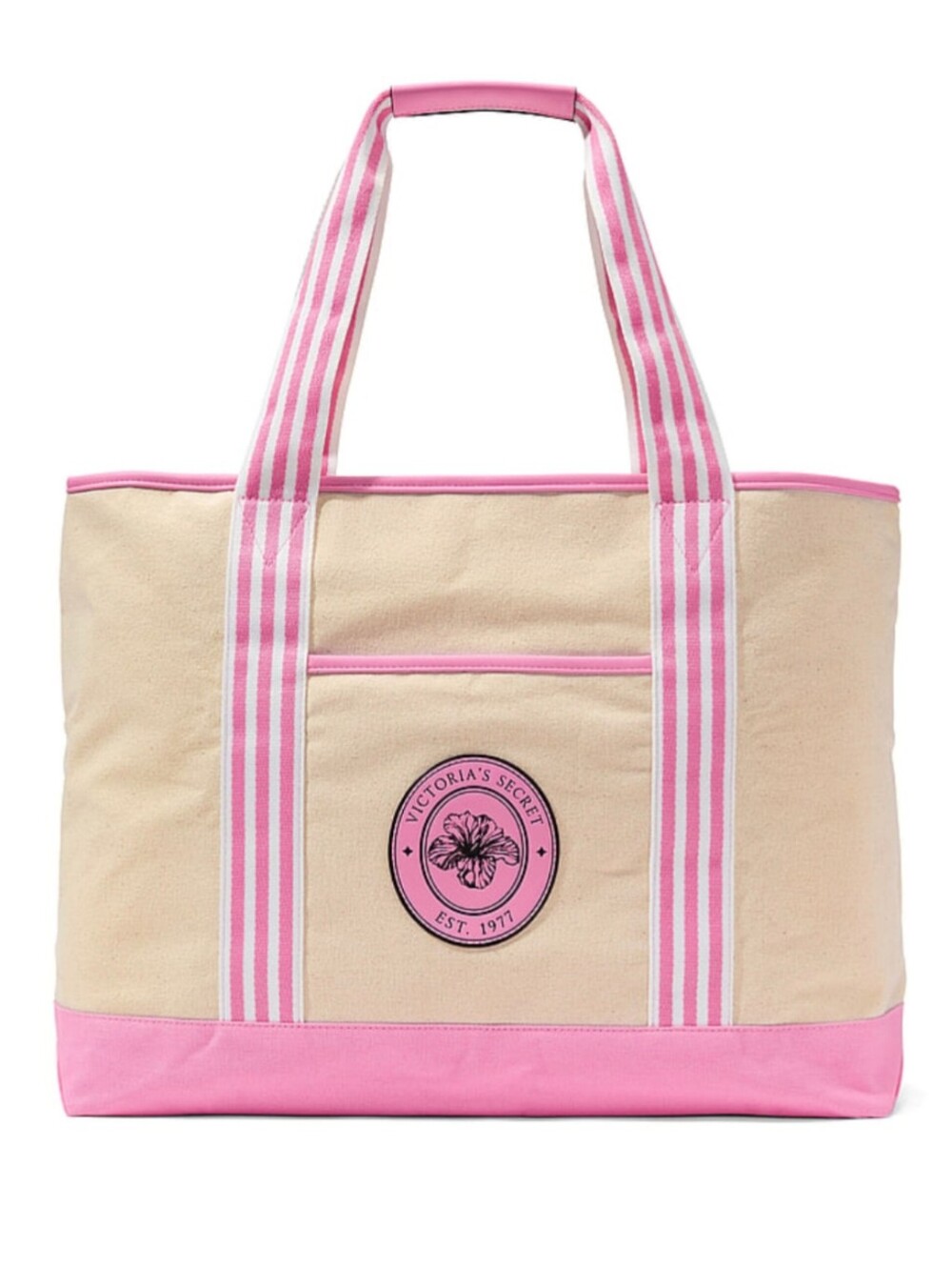 NWT Victoria's Secret Hibiscus Monogram Stripe Canvas Tote Bag